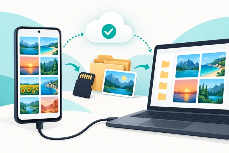 Ilustración de un celular conectado a una computadora, fotos respaldadas y una tarjeta de memoria.