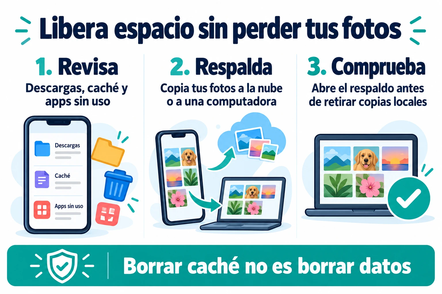 Tres pasos para liberar espacio sin perder fotos: revisar archivos, respaldar las fotos y comprobar el respaldo. Borrar caché no es borrar datos.