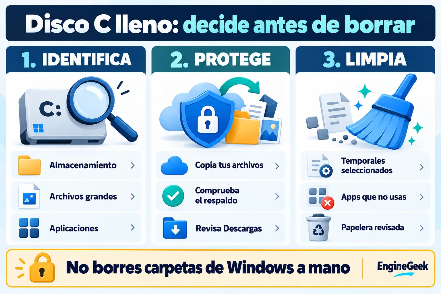 Infografía: identificar archivos grandes, comprobar el respaldo y limpiar temporales, aplicaciones y Papelera revisados; no borrar carpetas de Windows a mano.