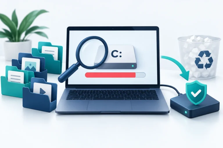 Ilustración de una computadora con el disco C casi lleno, archivos y una unidad externa protegida para respaldos.